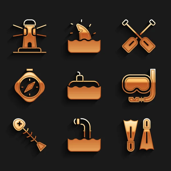 Set Submarine, Periscope, Flippers for swimming, Diving mask and snorkel, Dead fish, Compass, Paddle and Lighthouse icon. Vector —  Vetores de Stock