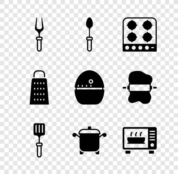 Set Barbecue fork, Teaspoon, Gas stove, spatula, Cooking pot, Microwave oven, Grater and Kitchen timer icon. Vector — Stockvektor