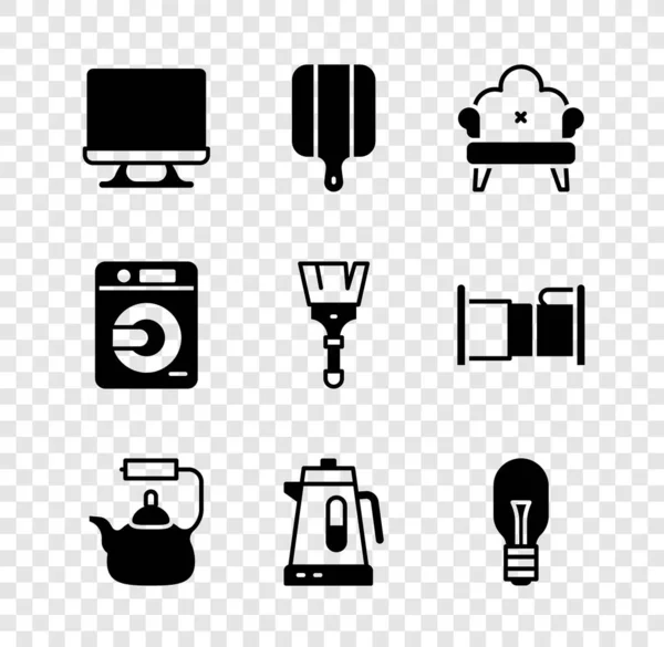 Set Smart Tv, Cutting board, Sofa, Kettle with handle, Electric kettle, Light bulb, Washer and Paint brush icon. Vector —  Vetores de Stock