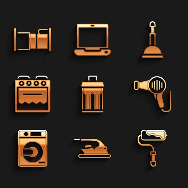 Set Papelera, Plancha eléctrica, Pincel de rodillo de pintura, Secador de pelo, Lavadora, Horno, émbolo de goma e icono de la cama. Vector — Vector de stock