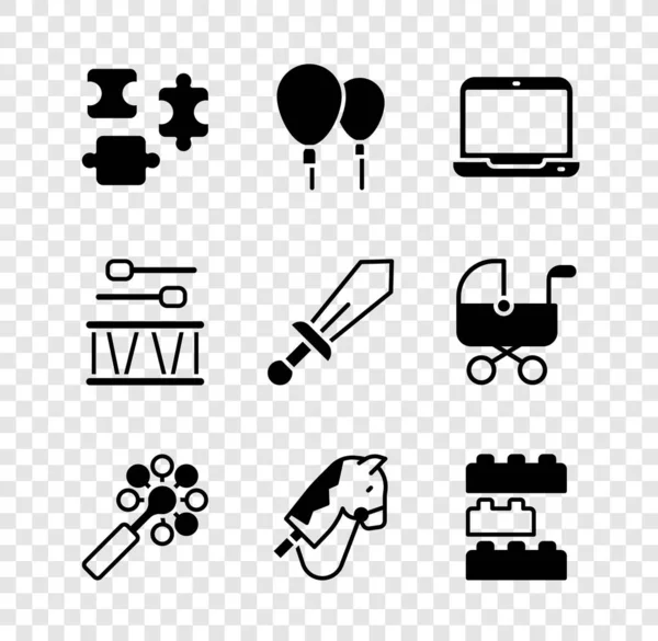 Conjunto de piezas de rompecabezas de juguete, Globos, Ordenador portátil, Rattle bebé, Juguete caballo, ladrillos bloque de construcción, tambor con palos de tambor y el icono de la espada. Vector — Vector de stock