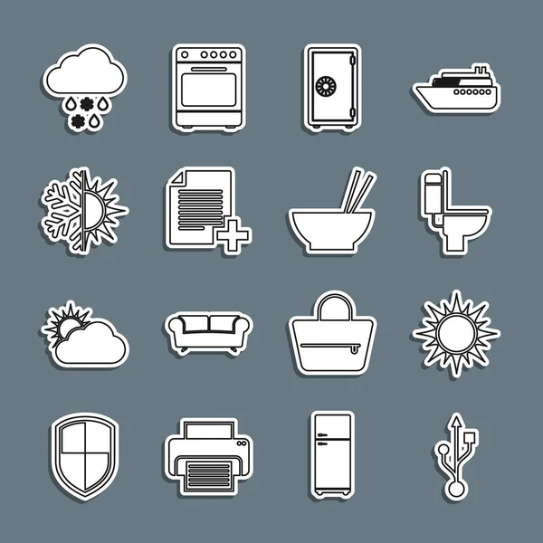 Set line USB, Sun, Toilet bowl, Safe, Add new file, and snowflake, Cloud with rain and Bowl chopsticks icon. Vector — Stockvektor