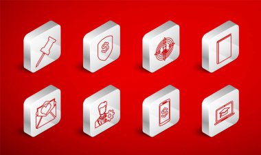 Dizüstü bilgisayar, kalkan ve dolar, kelle avcılığı, kitap, akıllı telefon, raptiye, profil ayarları ve Envelope Valentine 'ın kalp ikonu. Vektör