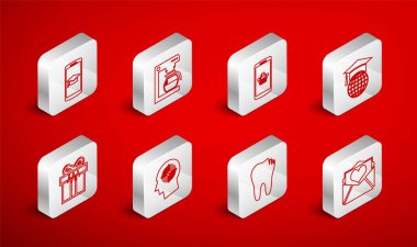 Zarfta sevgililer günü kalbi, kahve makinesi, seyyar alışveriş sepeti, mezuniyet şapkası küresi, kırık diş, kafa avcılığı konsepti ve hediye kutusu ikonu var. Vektör