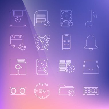 Satır dijital alarm saati, sosyal medya gelen kutusu, zil, sabit disk senkronizasyonu, alarm, işaretli takvim, Floppy ve Dead mobil simgesi. Vektör