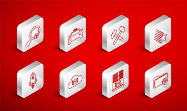 Bilinmeyen dizin, taksi arabası, iki çapraz çekiç, düşen yıldız, posta sunucusu, arama, bulut posta ve ateş ikonlu roket gemisi. Vektör