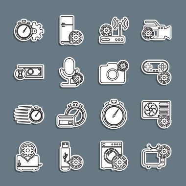 Hat ayarları, klima, Gamepad, Router ve wi-fi, mikrofon, hızlı ödemeler, zaman yönetimi ve fotoğraf makinesi ikonu. Vektör