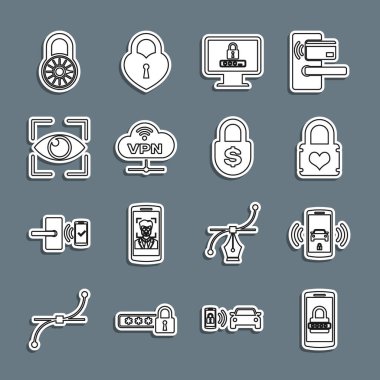 Satır Mobil ve şifreyi ayarla, akıllı araba alarm sistemi, kalp, monitör, VPN ağ bulut bağlantısı, göz taraması, güvenli kombinasyon tekerleği ve para simgesi ile asma kilit. Vektör