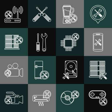 Satır satırı Gamepad servisi, Veritabanı sunucusu, Akıllı Telefon, Blender, Tornavida ve Anahtarı, Router Wi-Fi ve İşlemci simgesi ayarla. Vektör