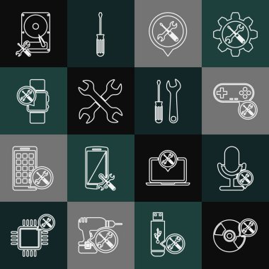 Satır CD veya DVD disk servisi, Mikrofon, Gamepad, konum, çapraz anahtarlar, Smartwatch, Hard disk ve tornavida ve simge ayarla. Vektör