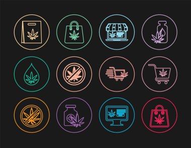 Marihuana poşeti, el arabası, online alışveriş, Stop, Marijuana veya kenevir yaprağı yağı ve ikon. Vektör
