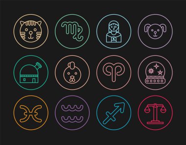 Libra Zodiac, Magic Ball, Astroloji kadını, Horoz, Astronomik Gözlemevi, Kaplan, Koç ve Başak ikonu. Vektör