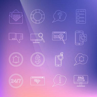 SSS bilgisi, konuşma balonu sohbet bildirimi, cep telefonu araması, Soru, Bilgisayar monitörü teşhisi, Sevmeme, Zarf ve Sistem hata konsepti simgesi ile hat monitörünü ayarla. Vektör