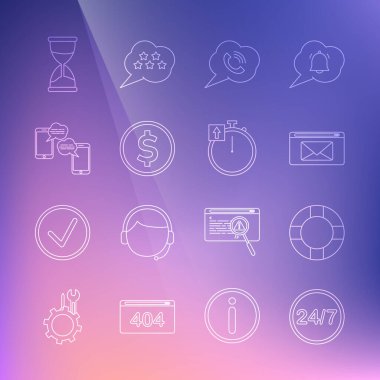 Saati 24 saat kur, Lifebuoy, Posta ve e-posta, telefonla konuşma balonu, bozuk para doları, sohbet mesajları, Kum Saati ve Kronometre simgesi. Vektör