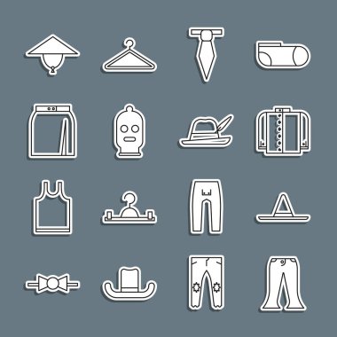 Çizgi pantolon, bahçıvan şapkası, tişört, kravat, kar maskesi, etek, Asya konisi ve Ekim Festivali ikonu. Vektör