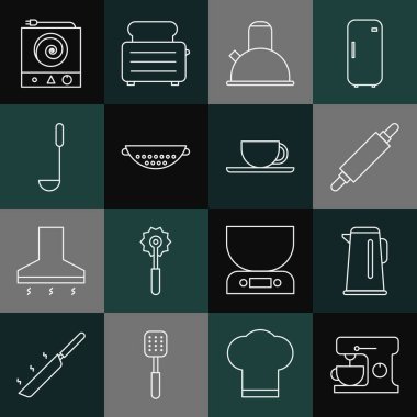 Elektrik mikseri, kabzalı çaydanlık, merdane, mutfak kevaşesi, kepçe, soba ve kahve bardağı ikonu. Vektör