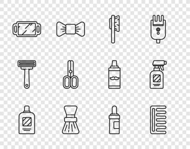 Şampuan şişesi, saç fırçası, tıraş aynası, el aynası, makas kuaförü, sakal bıyığı bakım yağı şişesi ve saç spreyi ikonu. Vektör