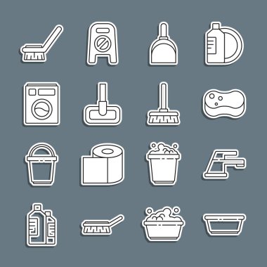 Plastik leğen, su musluğu, sünger, faraş, süpürge, temizlik ve süpürge ikonu için fırça. Vektör