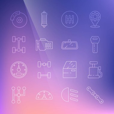 Hat zinciri, hava pompası, uzaktan kumandalı anahtar, vites kolu, kontrol motoru, Chassis arabası, fren diski kalibresi ve ayna simgesi. Vektör