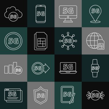 5G ağı, Smart watch, Globe Sim Card, Monitor with, card, Cloud and icon. Vektör