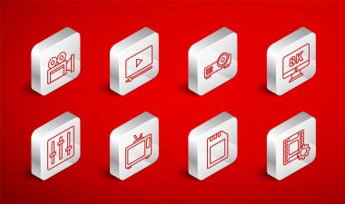 Set line Play Video, Online play video, Media projektör, Monitor with 8k, SD card, Cinema camera, Retro TV ve Sound Mixer kontrol simgesi. Vektör