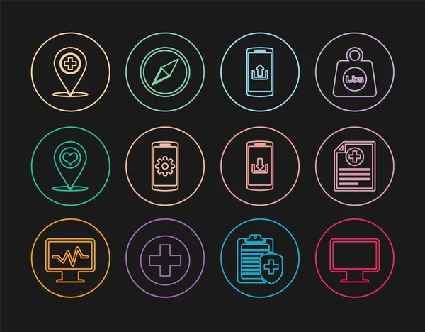 Définir la ligne Écran de moniteur d'ordinateur, Dossier clinique, Smartphone avec téléchargement, Réglage smartphone, Carte pointeur coeur, Croix de localisation médicale, télécharger et rose des vents icône. Vecteur — Image vectorielle