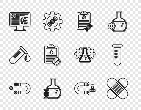 Set line Customer attracting, Crossed bandage plaster, Clipboard with DNA analysis, research, search, Clinical record on monitor, blood test, and Test tube flask icon. Vector — Stockvektor