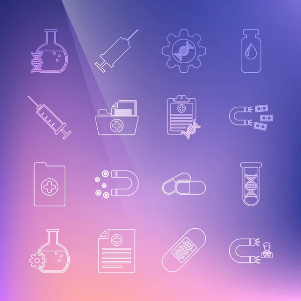 Set line Customer attracting, DNA research, search, Magnet with money, Genetic engineering, Health record folder, Syringe, and Clipboard analysis icon. Vector — Stockvektor