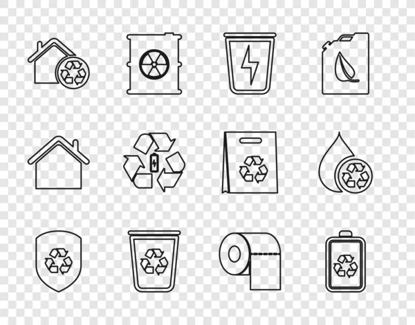 Set line Recycle inside shield, Battery with recycle, Lightning trash can, bin, Eco House recycling, Toilet paper roll and clean aqua icon. Vector — Stock vektor