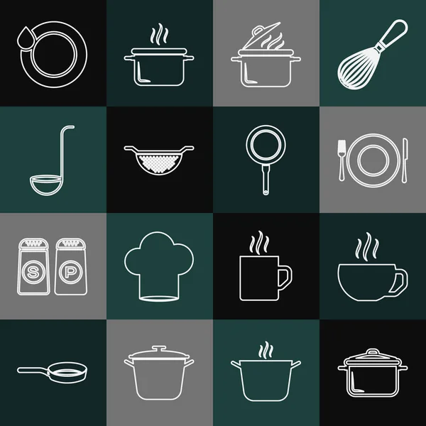 Set line Cooking pot, Coffee cup, Plate, fork and knife, Kitchen colander, ladle, Washing dishes and Frying pan icon. Vector — Stockvektor