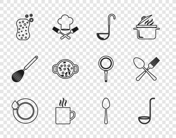Definir linha Lavando pratos, concha de cozinha, xícara de café, esponja com bolhas, panela de sopa de cozinha, colher e cruzou o ícone de garfo e colher. Vetor —  Vetores de Stock