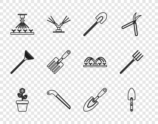 Set lijn Bloem in pot, Tuin troffel spade of schop, zaag, Automatische irrigatie sprinklers, vork, en hooivork pictogram. Vector — Stockvector
