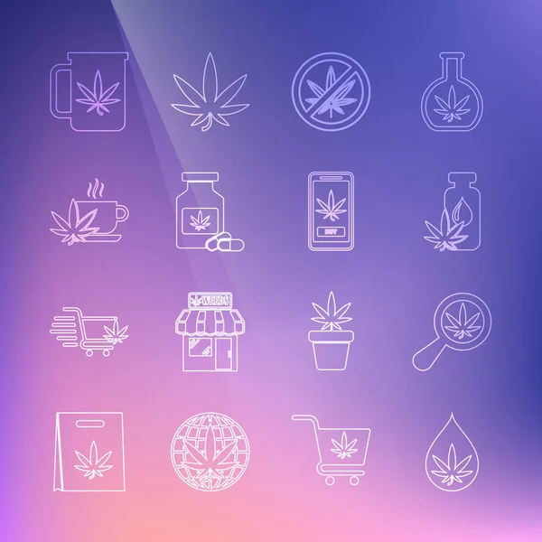 Sabit hat marihuana veya kenevir yaprağı yağı, büyüteç ve marihuana Stop, tıbbi şişeyle birlikte, fincan çayı ve çevrimiçi ikon satın alma. Vektör — Stok Vektör