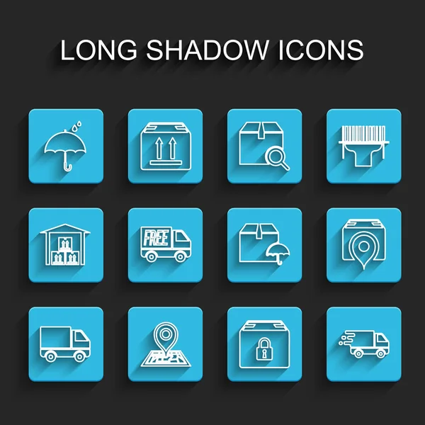 Набор линии Доставка грузовой автомобиль, Placeholder на карте, зонтик и капли дождя, заблокированный пакет, движение, Бесплатная доставка службы, Местонахождение с картонной коробкой и значок зонта. Вектор — стоковый вектор