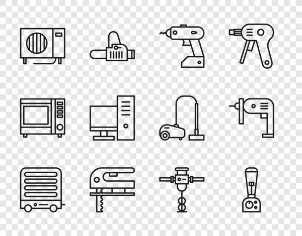 Set line Electric heater, Blender, cordless screwdriver, jigsaw, Air conditioner, Computer monitor, Construction jackhammer and drill machine icon. Vector — Stockvektor