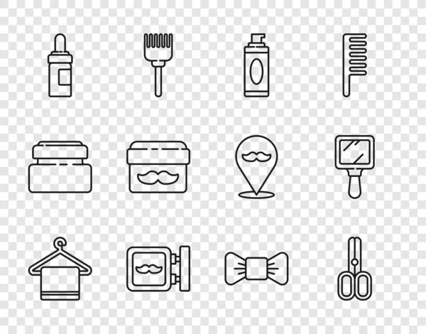 Set lijn Handdoek op een hanger, Schaar kapper, Scheergel schuim, Barbershop, Baard en snorren zorg olie fles, Cream lotion cosmetische pot, strik en handspiegel icoon. Vector — Stockvector