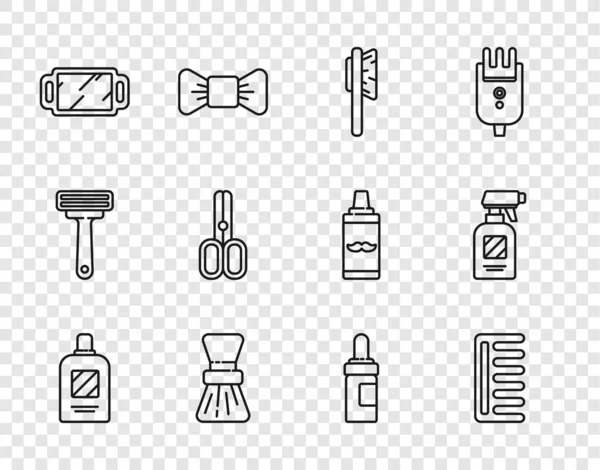 Set line Bottle of shampoo, Hairbrush, Shaving, Hand mirror, Scissors hairdresser, Beard mustaches care oil bottle and Hairdresser pistol spray icon. Vector — 图库矢量图片