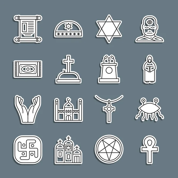 Set line Cross ankh, Pastafarianism, Monk, Star of David, Tombstone with cross, Traditional carpet, Decree, paper, parchment, scroll and Stage stand or tribune icon. Vector — Stockvektor