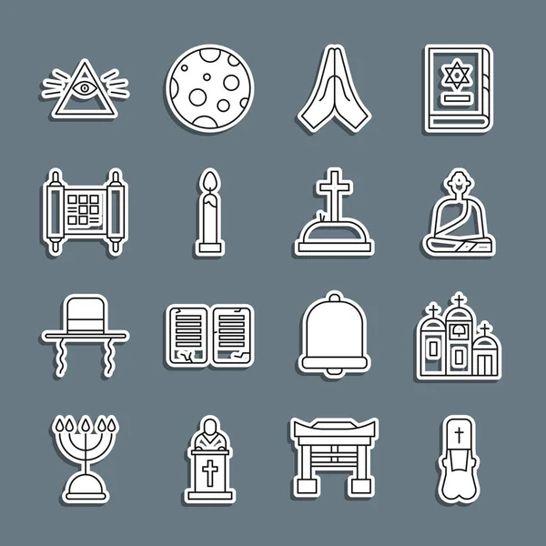 Set line Priest, Church building, Buddhist monk, Hands praying position, Burning candle, Decree, paper, parchment, scroll, Masons and Tombstone with cross icon. Vector — Stockvektor