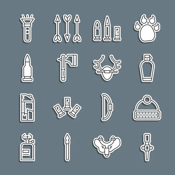 Set line Torch flame, Winter hat, Canteen water bottle, Bullet and cartridge, Wooden axe, Flashlight and Deer antlers on shield icon. Vector — Stockvektor