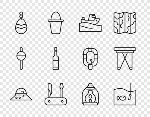 Set Fischerhut, Angelhaken mit Fisch, Boot auf dem Wasser, Schweizer Taschenmesser, Löffel, Flasche Wodka, Camping-Laterne und Klappstuhl-Symbol. Vektor — Stockvektor