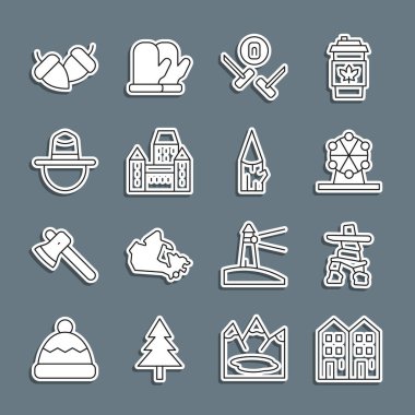 Set hattı House, Inukshuk, dönme dolap, Curling spor oyunu, Chateau Frontenac oteli, Kanadalı korucu, meşe palamudu ve tahta kütük ikonu. Vektör