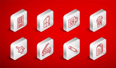 Dosya belgesi, yazıcı mürekkebi şişesi, kahve kupası, silgiyle kalem, haber, tarayıcı ve boya fırçası simgesi. Vektör