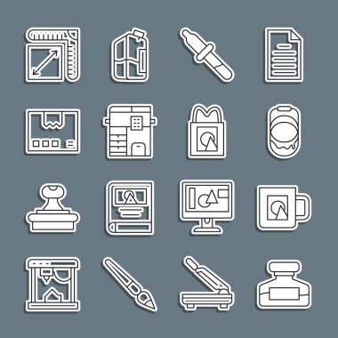 Mürekkep şişesi, kahve fincanı, boya kovası, Pipette, fotokopi makinesi, karton kutu, kağıt boyut ve alışveriş poşeti ikonu. Vektör