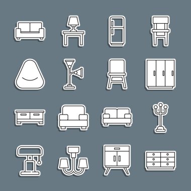 Çekmece sandığı, vestiyer, gardırop, buzdolabı, yer lambası, Pouf, kanepe ve sandalye ikonu. Vektör
