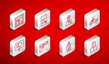 Sınır sansür ve konuşma özgürlüğü, anket belgesi, polis memuru, araba teşhircisi, biber gazı, kırık pencere, tabanca ve protesto ikonu. Vektör