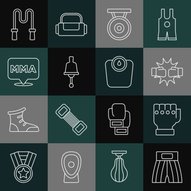 Çizgi boks, MMA eldiveni, boks eldivenleri, Gong, zil, Dövüş Kulübü, atlama ipi ve banyo ikonu. Vektör