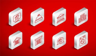 Sabit hat Yıkama, Otel Servis Çanı, Müze Binası, Ev, Emlak Mesaj Evi, Konum, Garaj ve İkona. Vektör