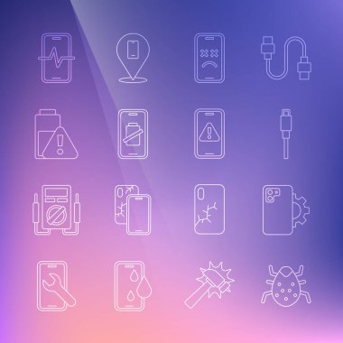 Hat Hattı Hattı, Telefon Tamir Servisi, USB kablo kablosu, Ölü Mobil, Akıllı Telefon şarjı ve ünlem simgesi olan Mobil Pil. Vektör