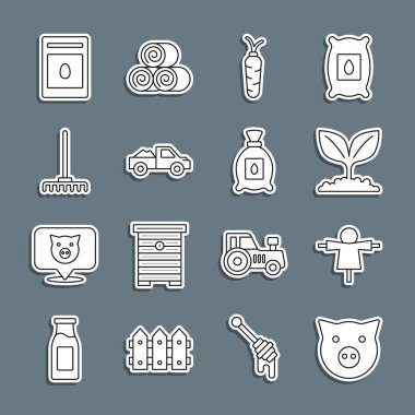 Domuz, Korkuluk, Bitki, Havuç, Kamyonet, Bahçe Tırmığı, Bitki ve ikon dolu tohum paketleri. Vektör